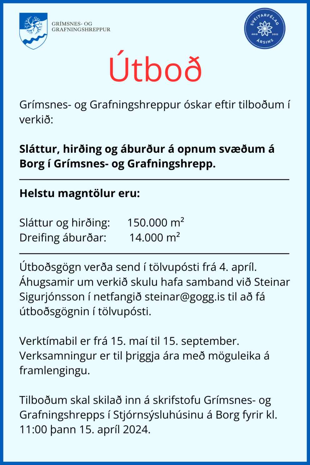 Útboð - Sláttur, hirðing og áburður á opnum svæðum á Borg í Grímsnes- og Grafningshrepp