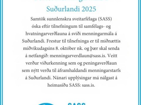 Óskað er eftir tilnefningum til hvatningarverðlauna á sviði menningarmála á Suðurlandi 2025