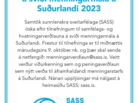 Óskað er eftir tilnefningum til hvatningarverðlauna á sviði menningarmála á Suðurlandi